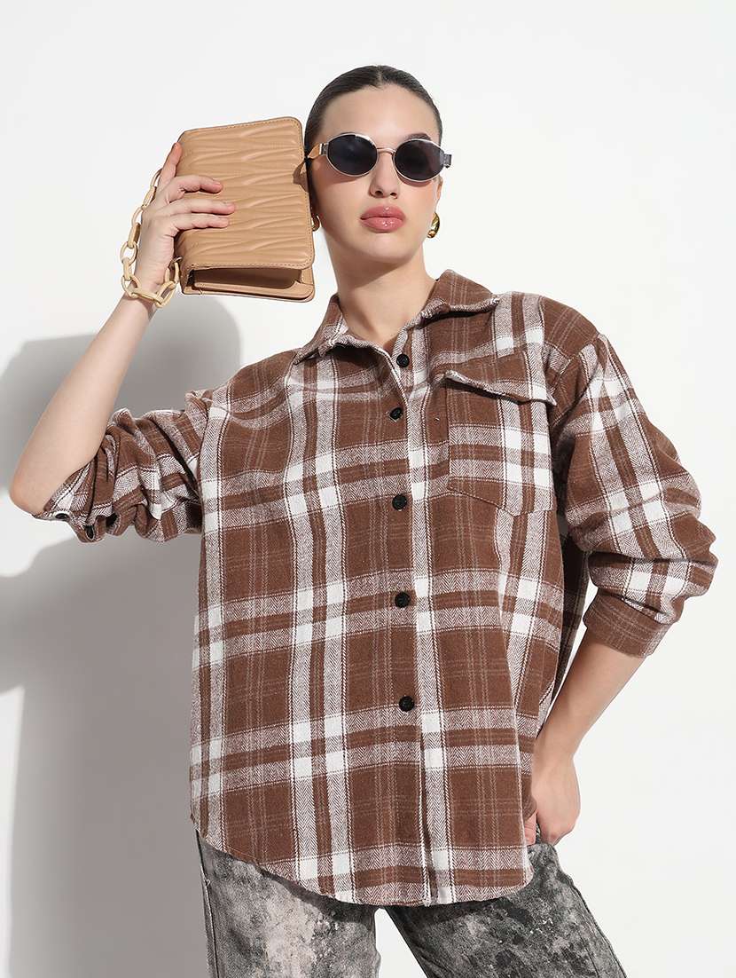 women checkered long sleeve collared oversized shirt