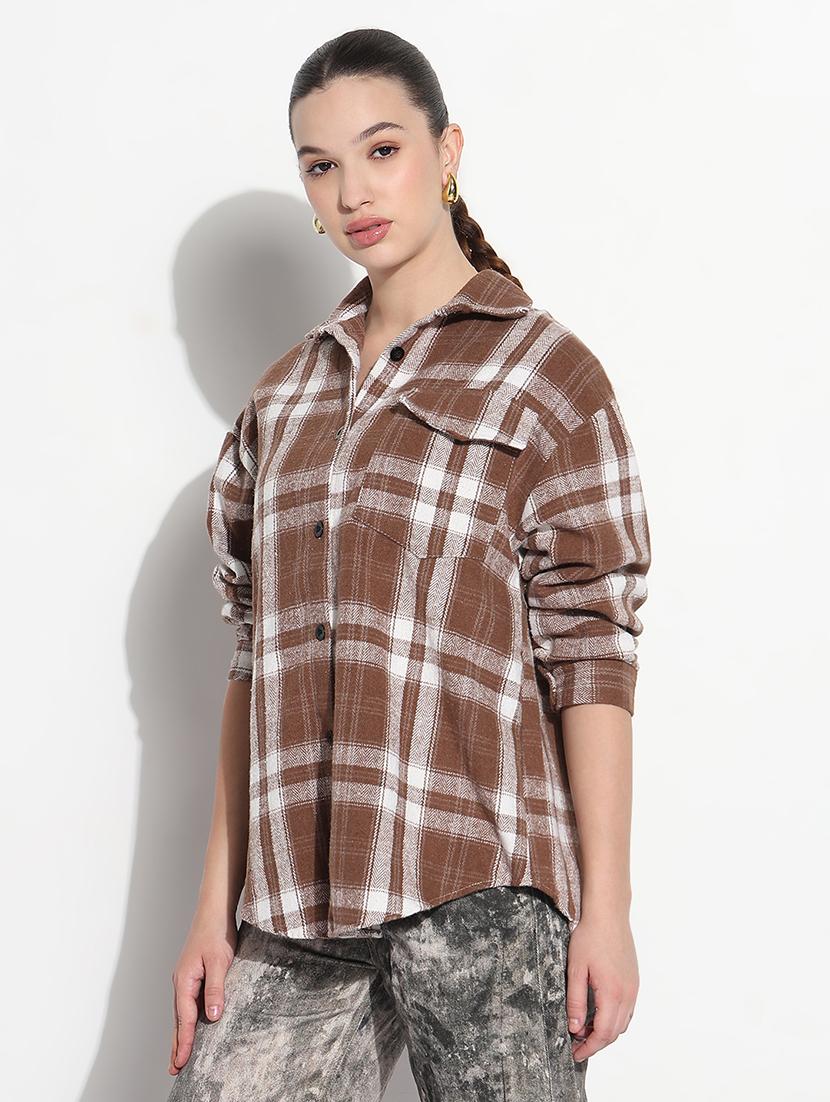 women checkered long sleeve collared oversized shirt - 21979945 - Standard Image - 2