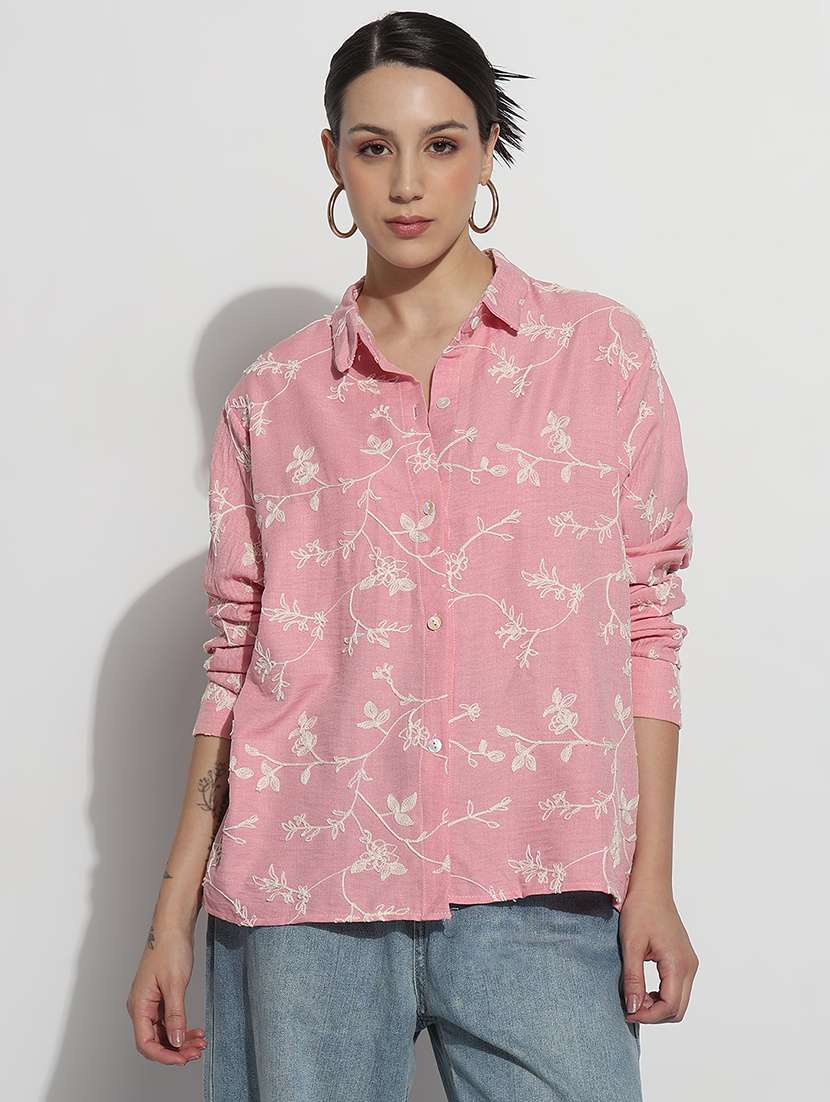 women embroidered long sleeve relaxed fit shirt