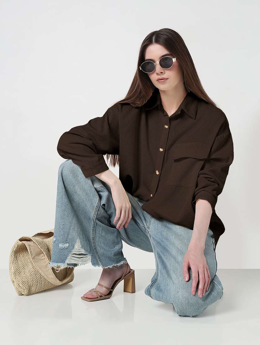 women solid long sleeve high-low relaxed fit shirt
