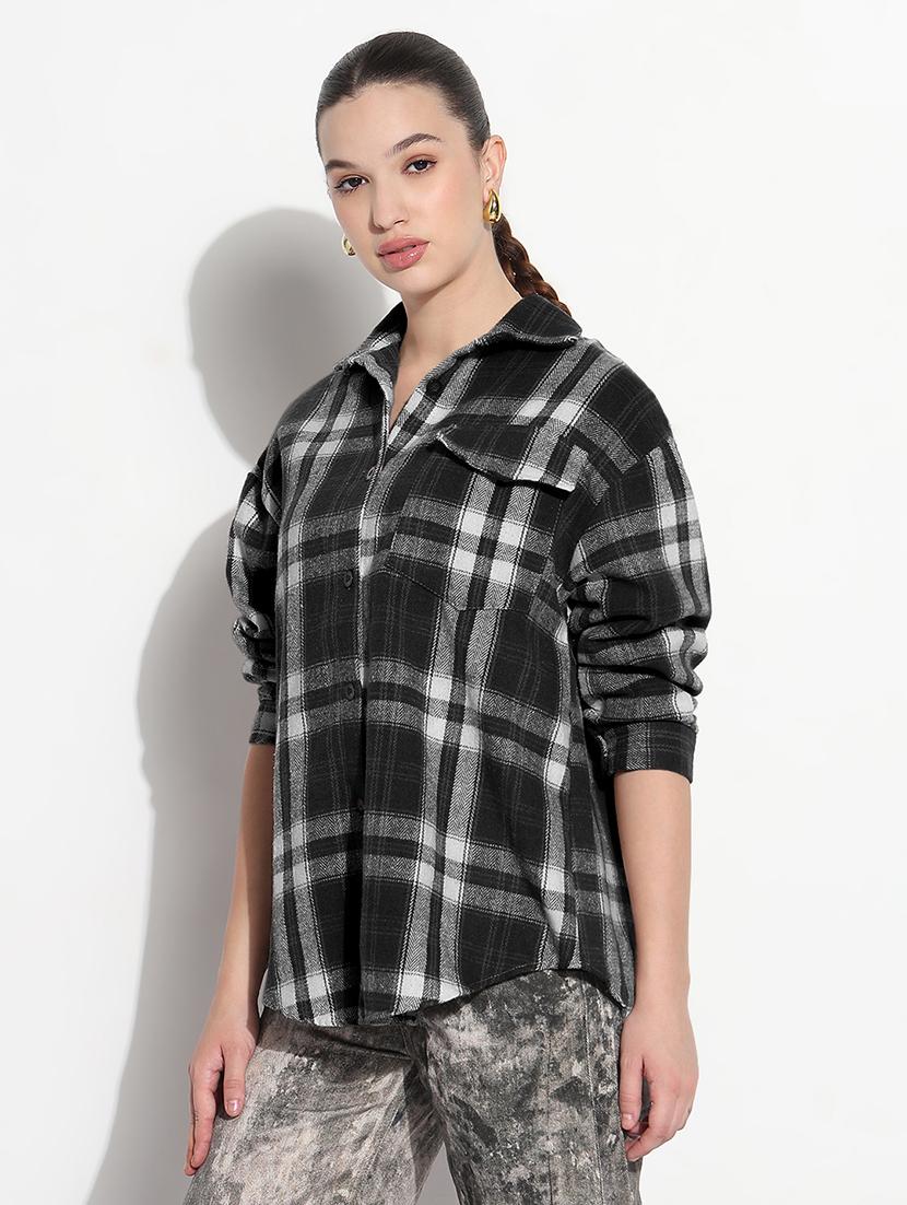 women checkered long sleeve collared oversized shirt - 21979955 - Standard Image - 2