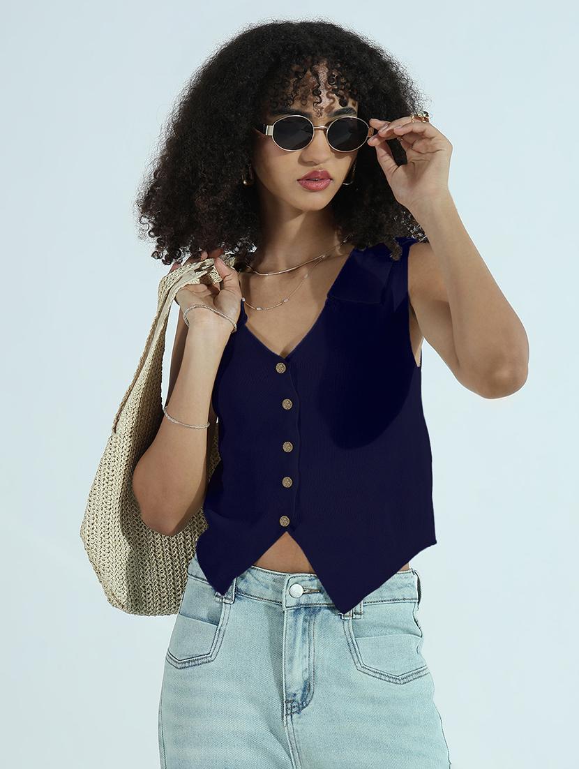 women navy blue solid sleeveless vest top