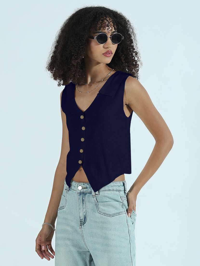 women navy blue solid sleeveless vest top - 21979958 -  Standard Image - 2
