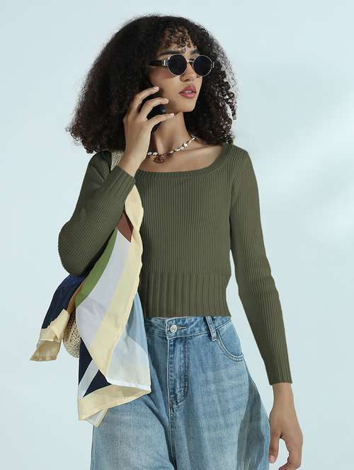 women olive solid long sleeve crop top - 21979962 -  Standard Image - 0