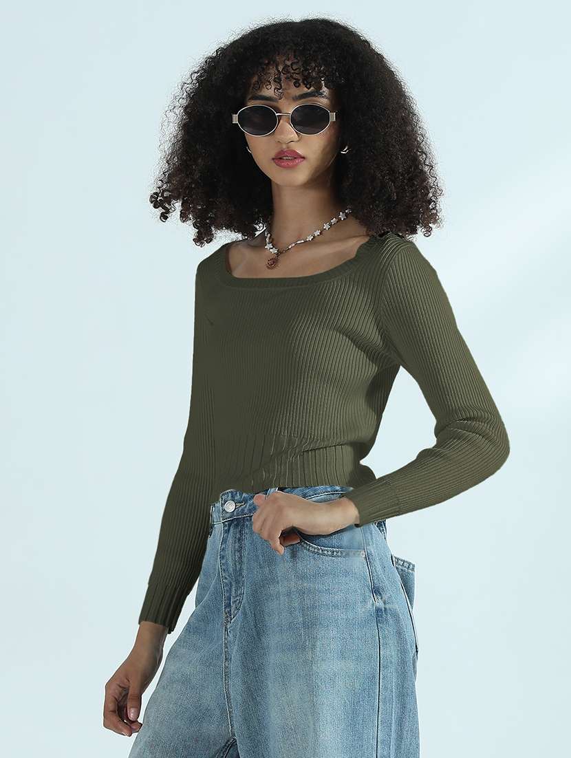 women olive solid long sleeve crop top - 21979962 -  Standard Image - 2