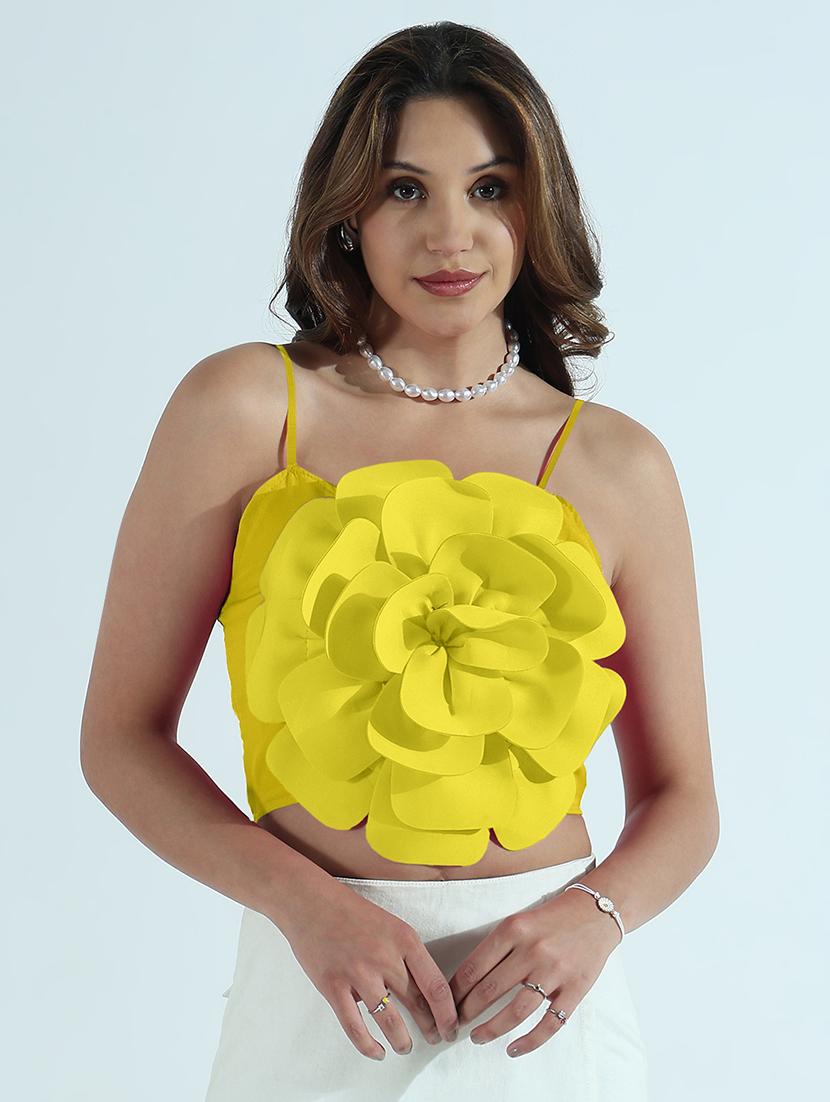 women yellow solid shoulder strap crop top - 21979963 -  Zoom Image - 0