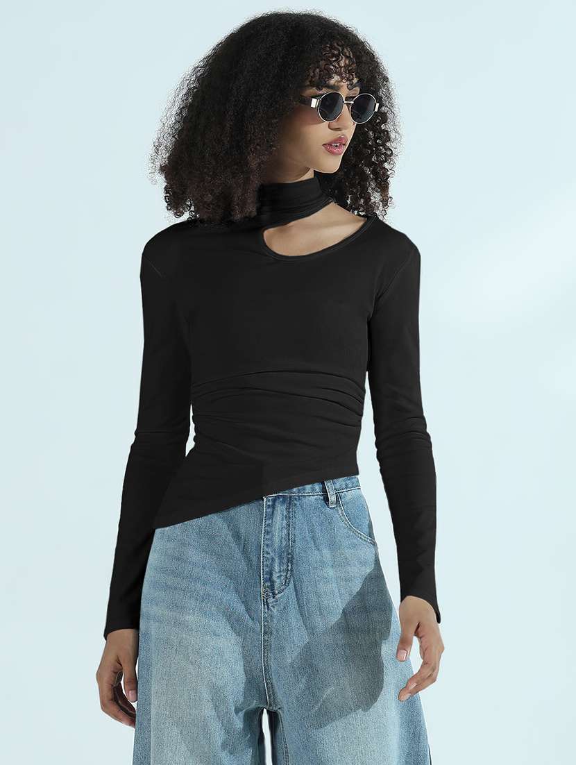 women black solid long sleeve asymmetric top - 21979966 -  Standard Image - 2