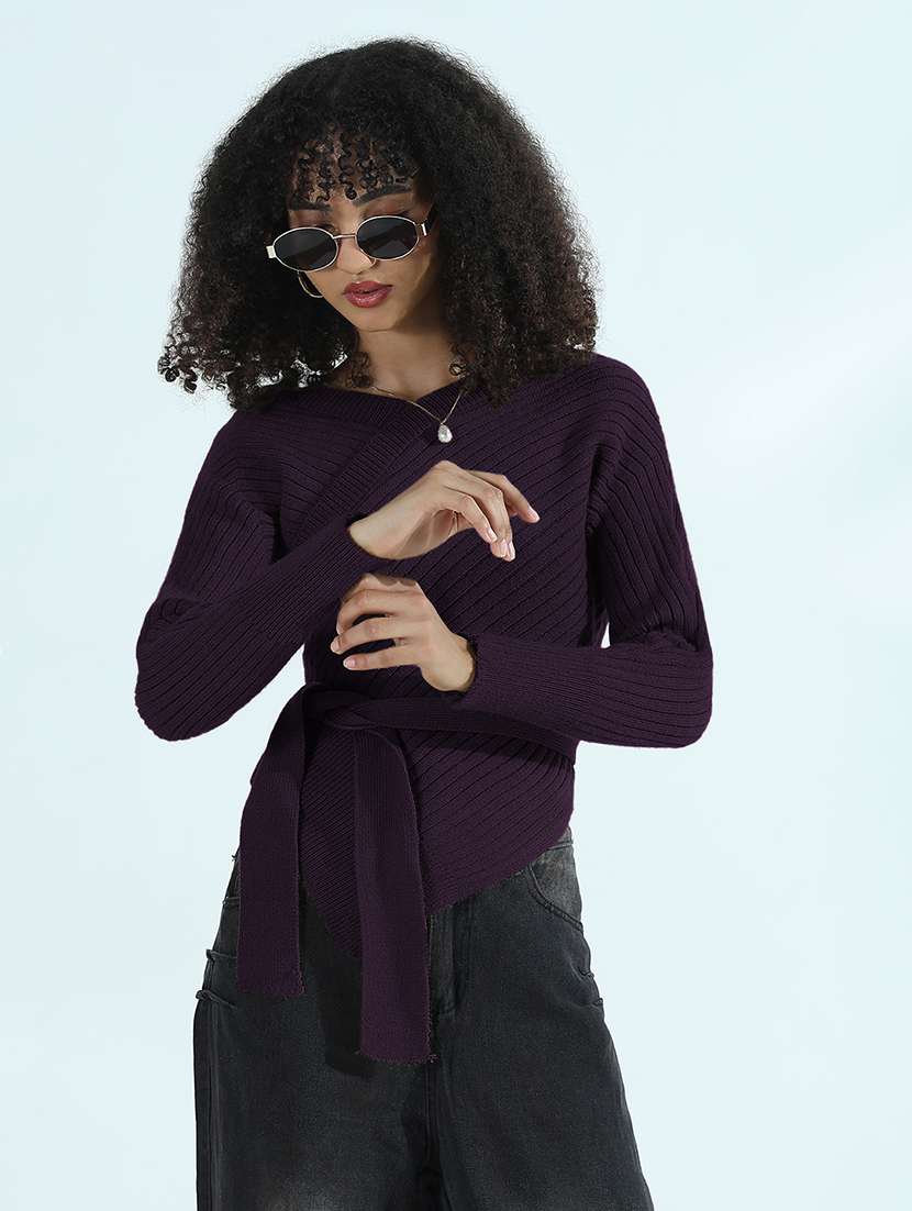 women solid long sleeve asymmetric top