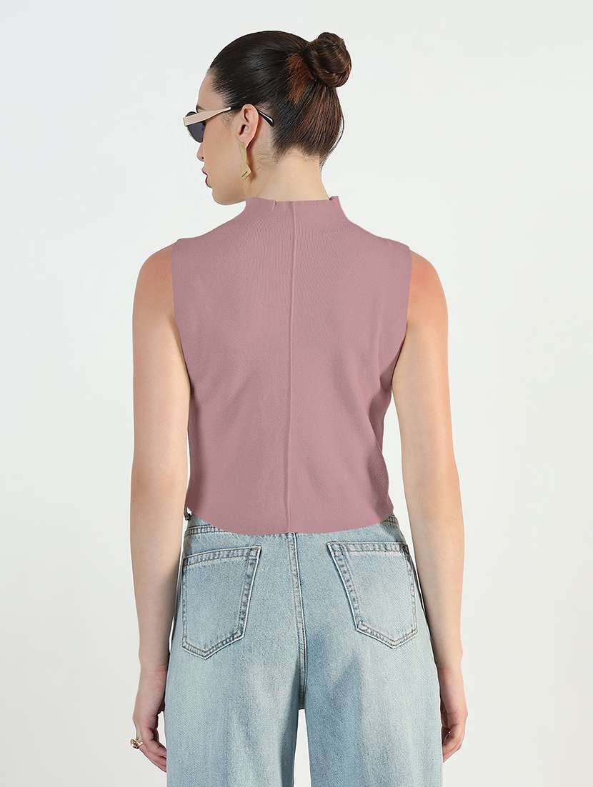 women solid mock neck slewveless crop top - 21979972 -  Standard Image - 2