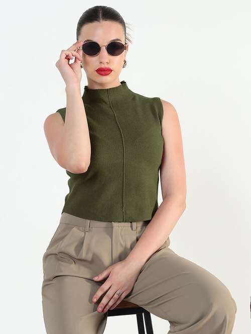 women olive solid sleeveless top - 21979973 - Standard Image - 0