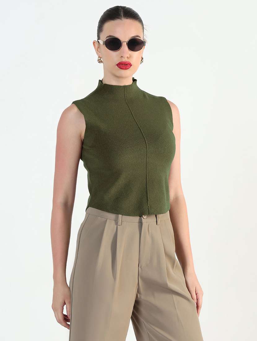 women olive solid sleeveless top - 21979973 - Standard Image - 2