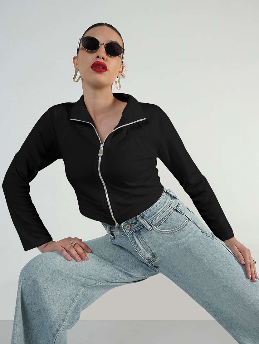 women solid long sleeve zipper croptop