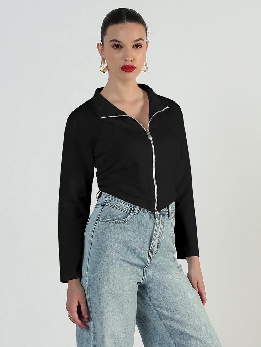 women solid long sleeve zipper croptop - 21979974 - Standard Image - 2
