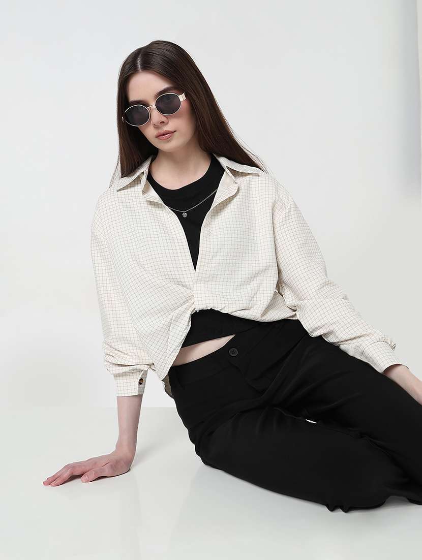 women checkered collared crop top with slip - 21979975 -  Standard Image - 2