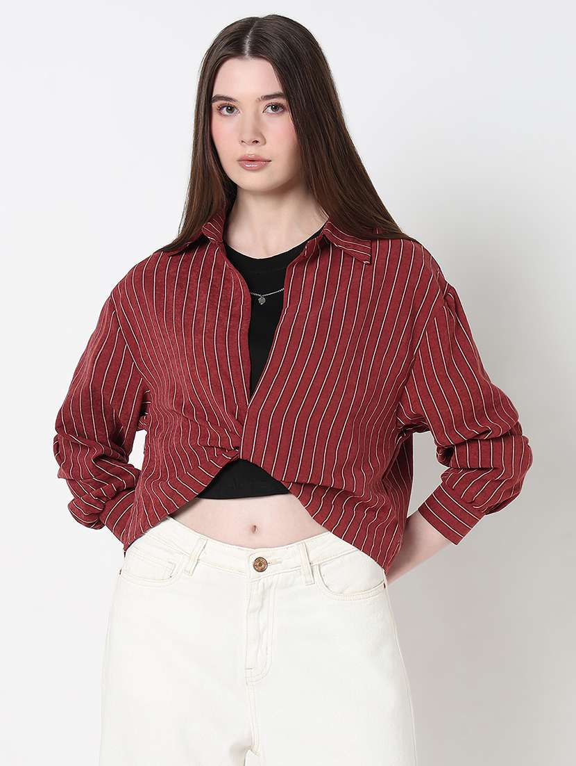 women maroon striped collared crop top with slip
