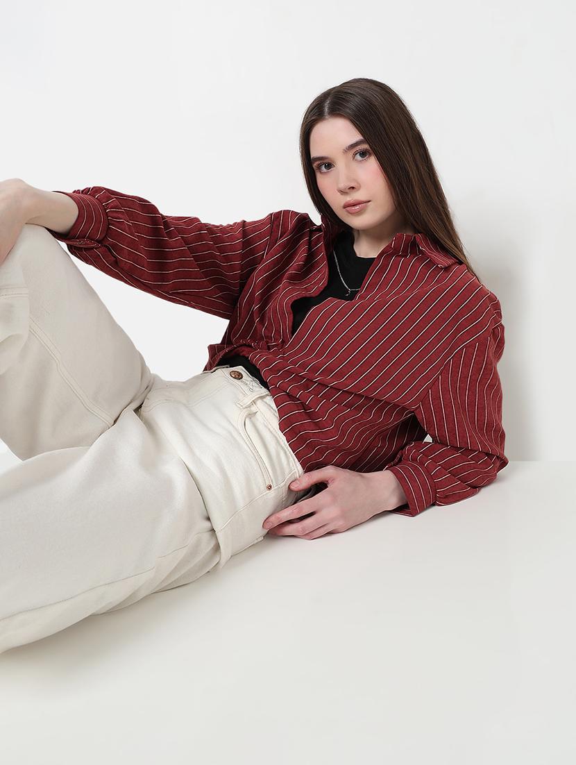 women maroon striped collared crop top with slip - 21979976 - Standard Image - 2