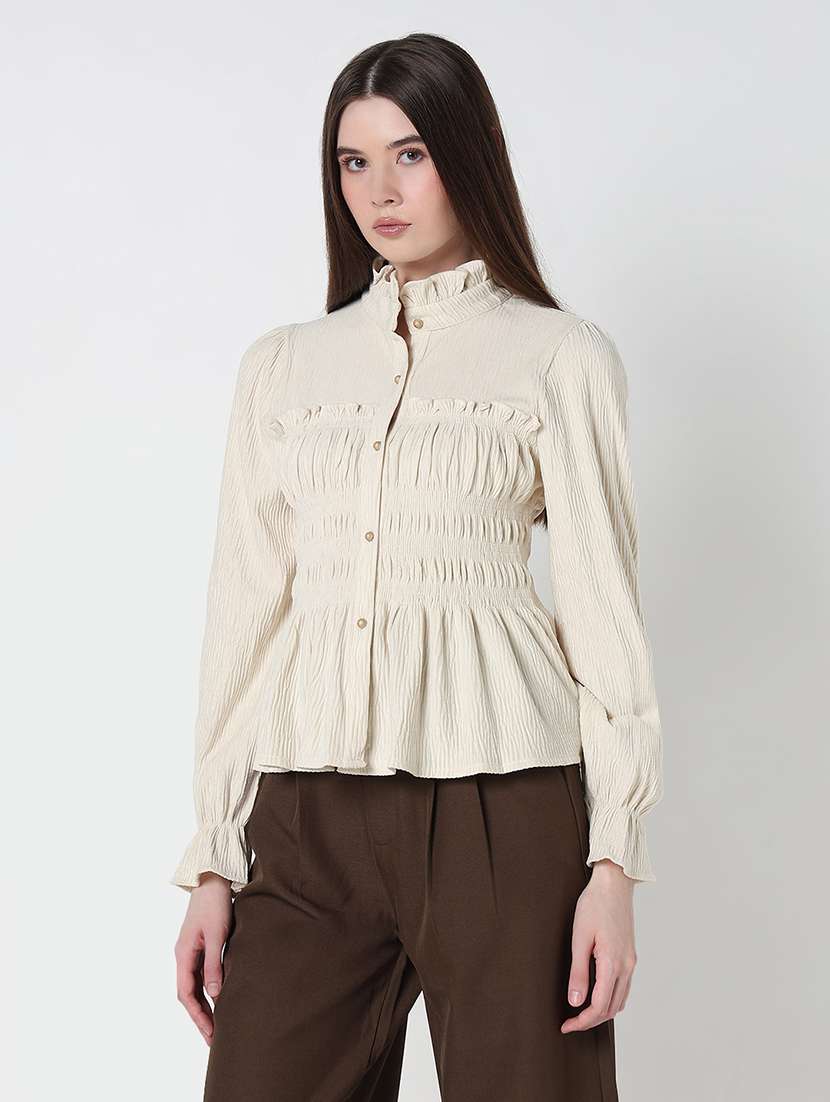 women cream solid puff sleeve a-line top - 21979977 -  Standard Image - 2