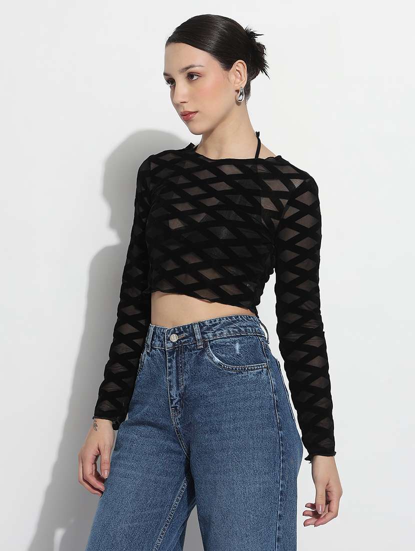 women self designed long sleeve crop sheer top - 21979980 -  Standard Image - 2