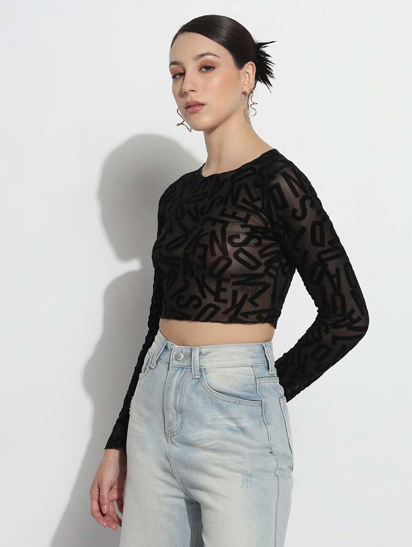 women self designed long sleeve crop sheer top - 21979981 -  Standard Image - 2