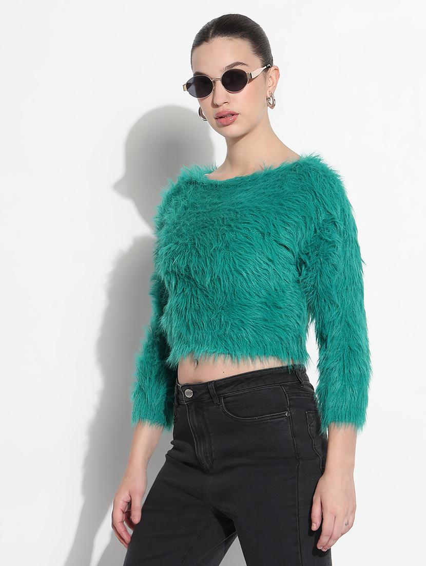 women solid long sleeve crop pullover - 21979985 - Standard Image - 2