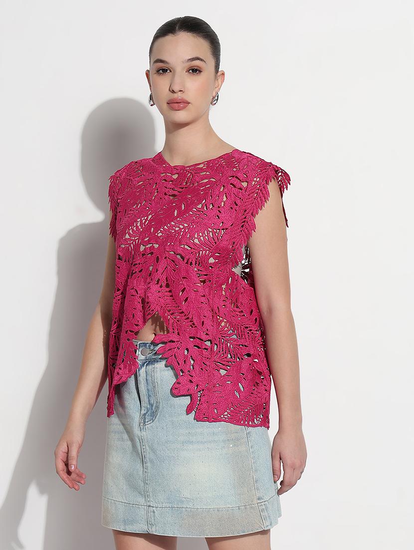 women self designed sleevelelss asymmetric lace top - 21979987 - Standard Image - 2