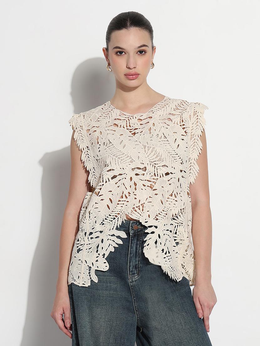 women self designed sleevelelss asymmetric lace top - 21979988 - Standard Image - 2