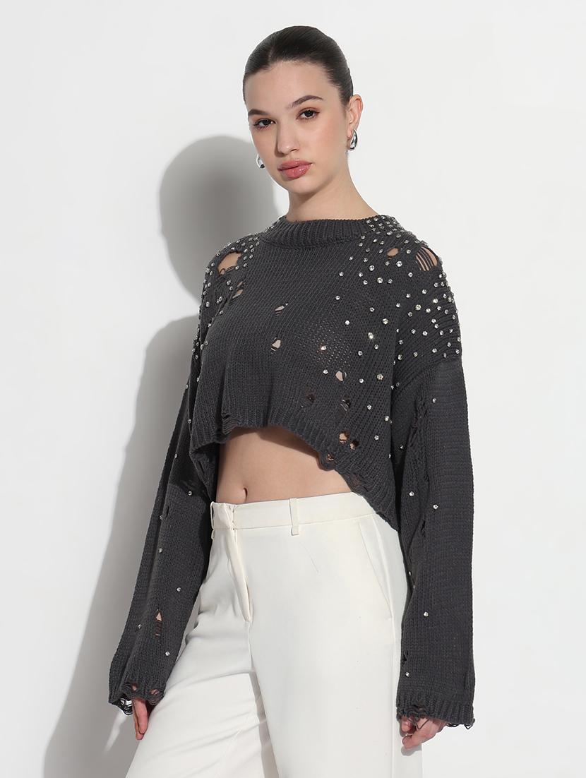 women distressed long sleeve crop pullover - 21979989 - Standard Image - 2
