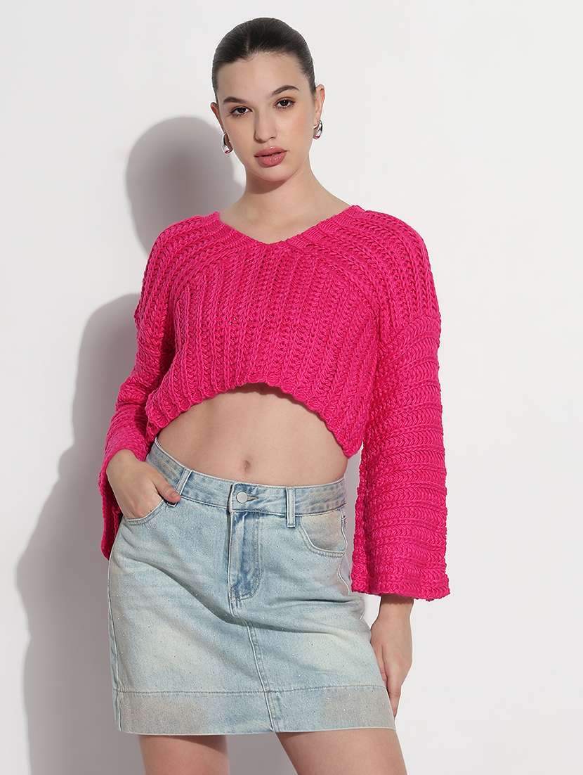 women pink solid long sleeve crop pullover