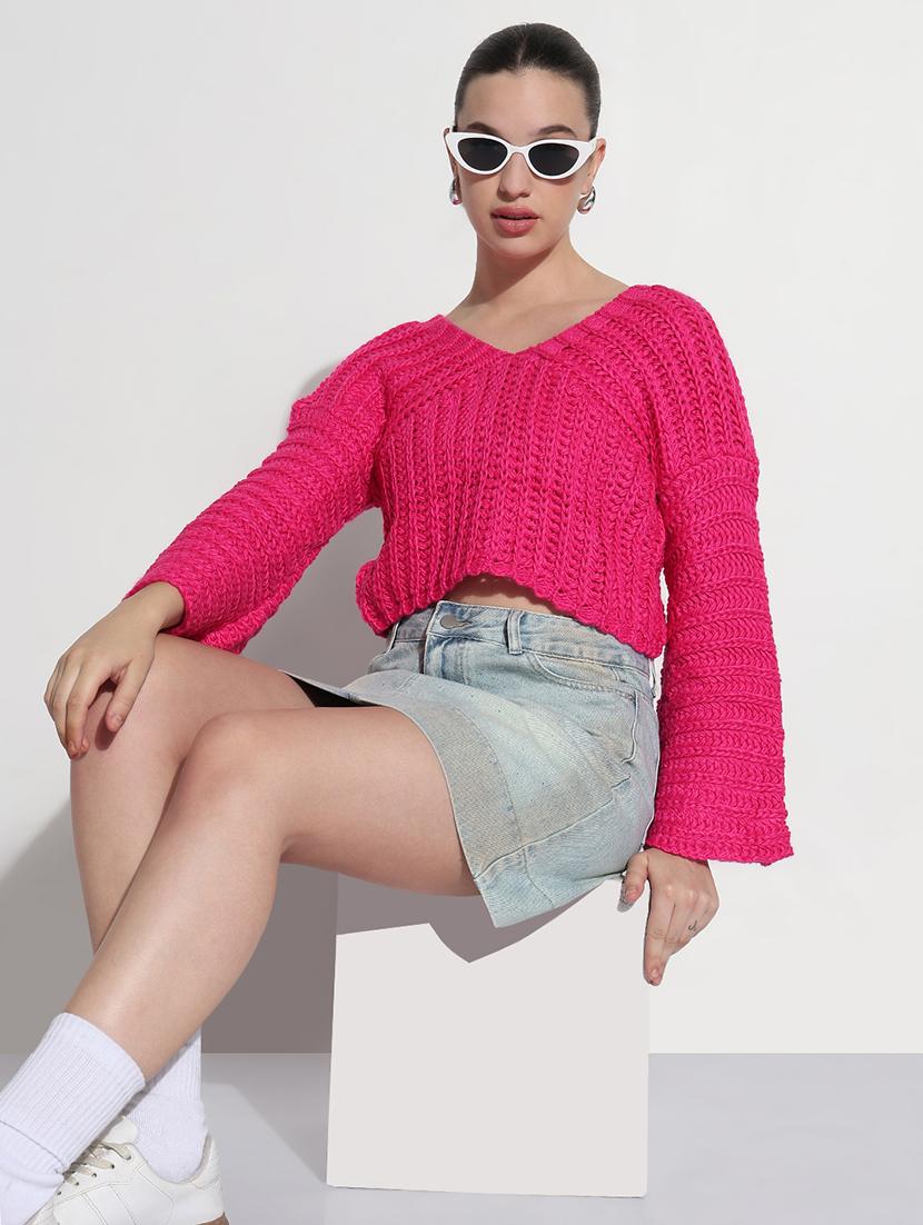 women pink solid long sleeve crop pullover - 21979990 - Standard Image - 2