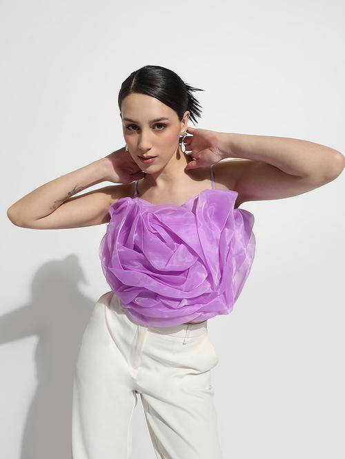 women lavender solid shoulder strap crop top - 21979994 - Standard Image - 0
