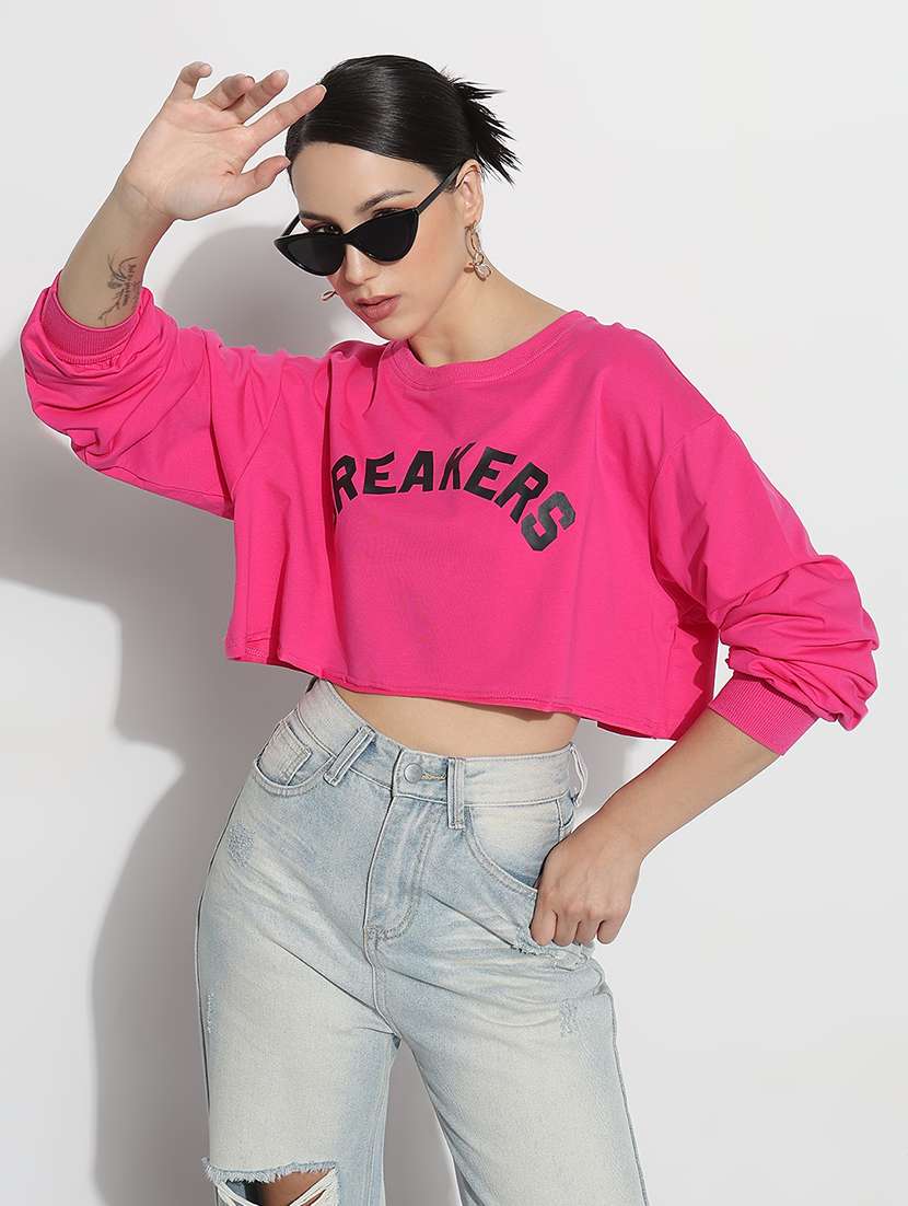 women typographic print long sleeve crop t-shirt