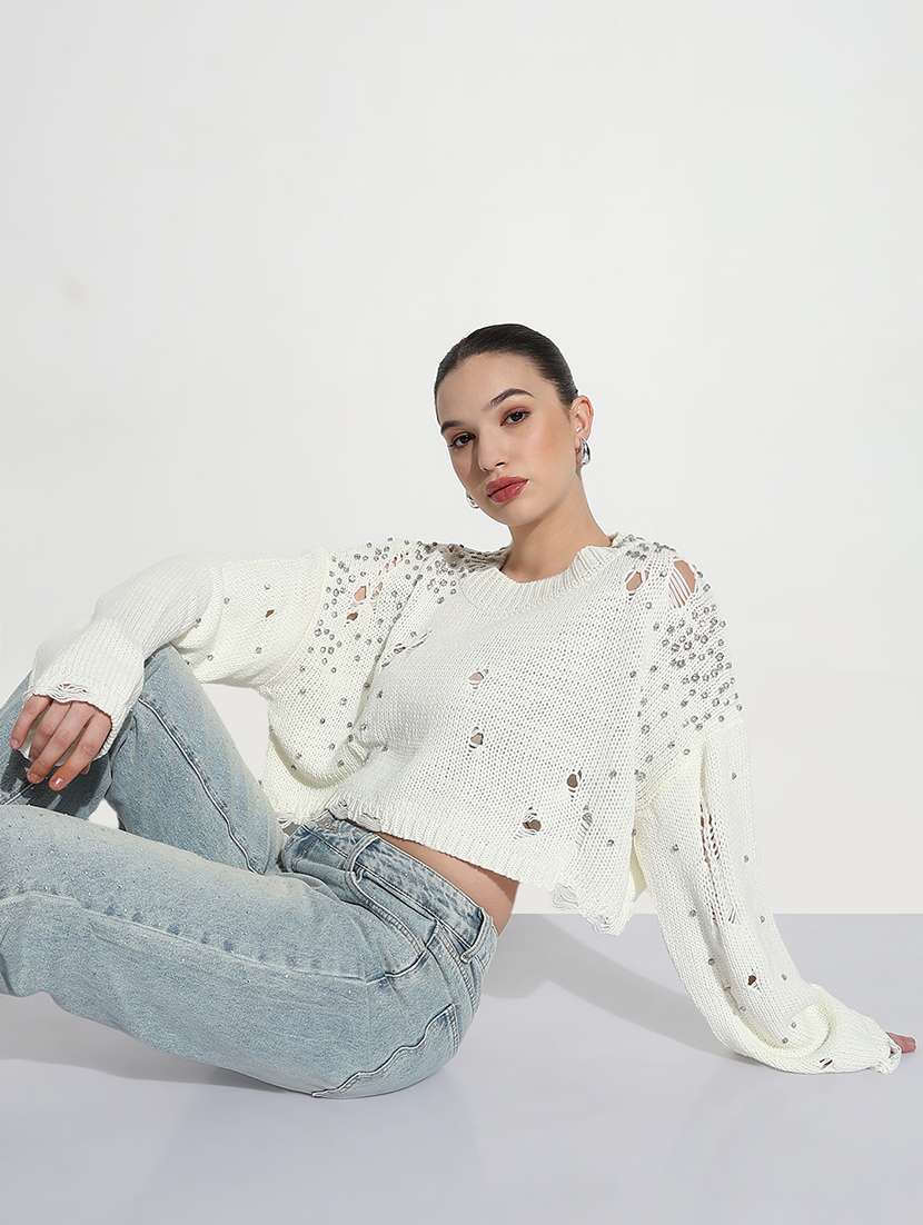 women embellished distressed long sleeve top - 21980011 -  Standard Image - 2