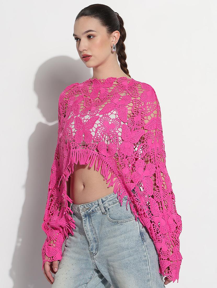 women self designed long sleeve crop lace top - 21980012 - Standard Image - 2