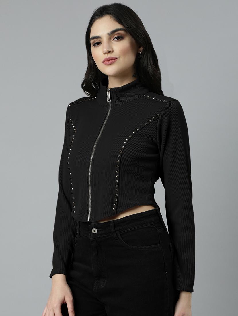 women black solid long sleeve zipper top - 21980015 - Standard Image - 2