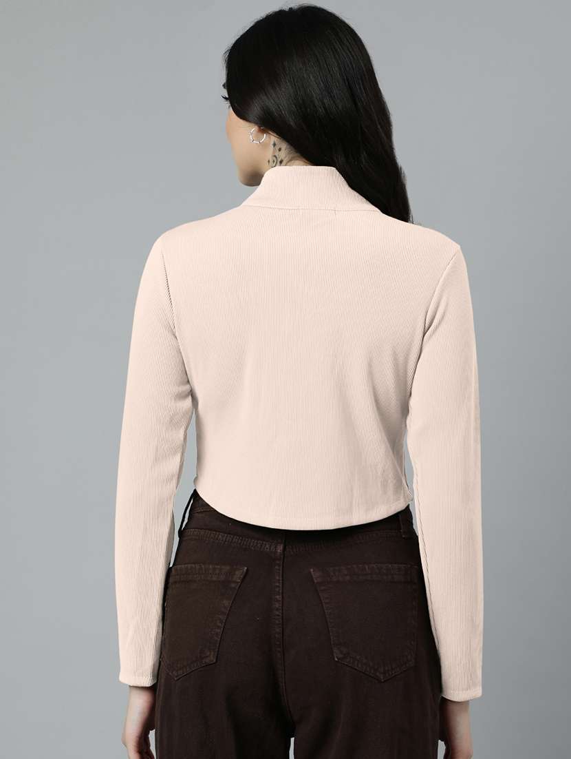 women solid long sleeve zipper crop top - 21980016 -  Standard Image - 2