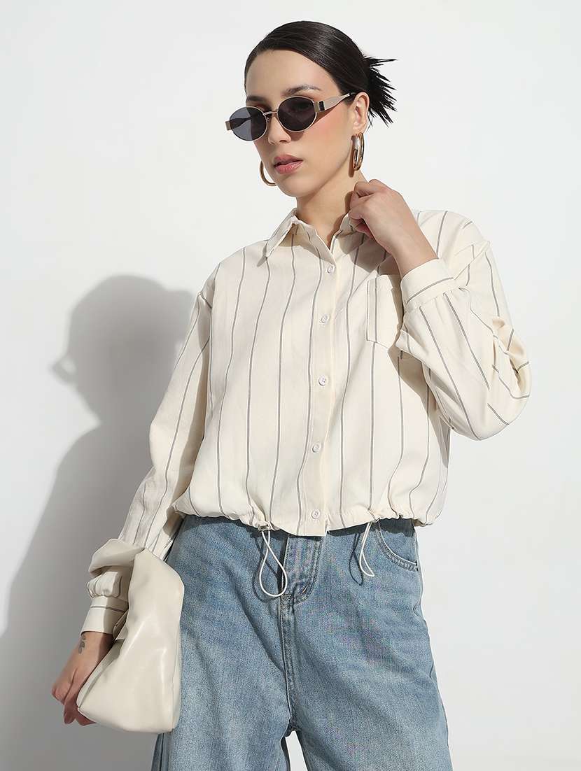 women striped long sleeve collared shirt