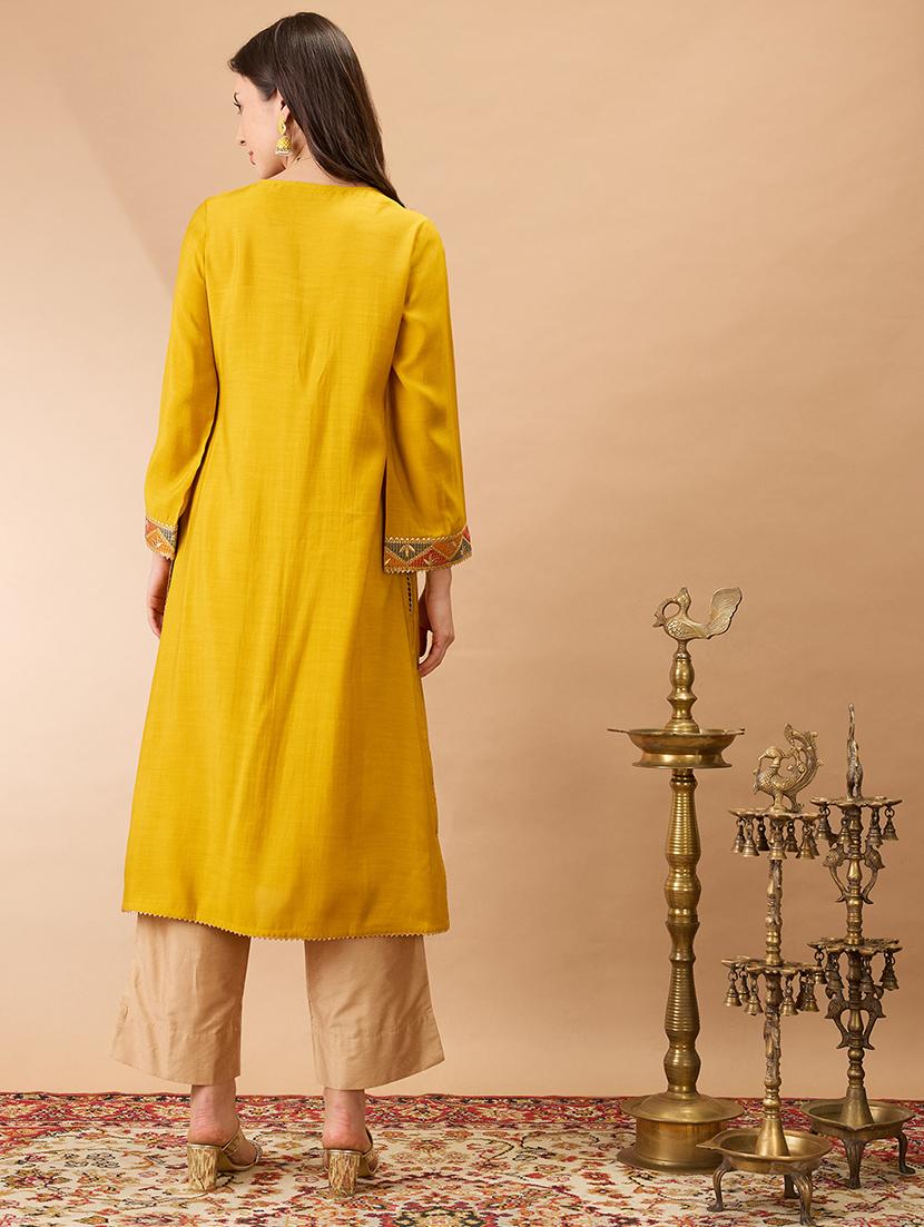 women mustard v-neck bell sleeves gotta patti lace detail a-line festive kurta - 21980076 - Standard Image - 2