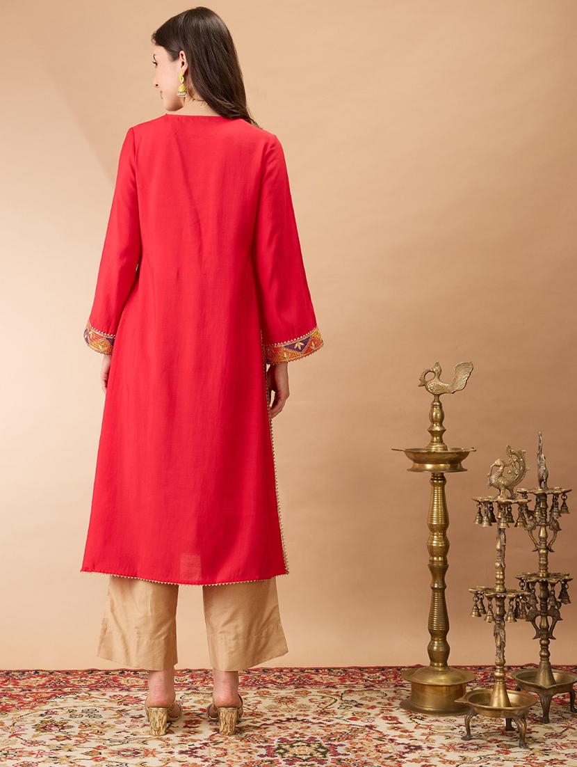 women pink v-neck bell sleeves gotta patti lace detail a-line festive kurta - 21980077 - Standard Image - 2