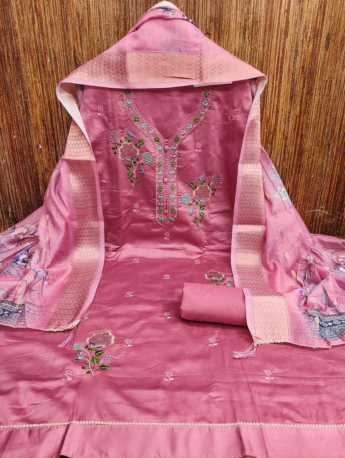 women solid with work embroidered unstitched suit set