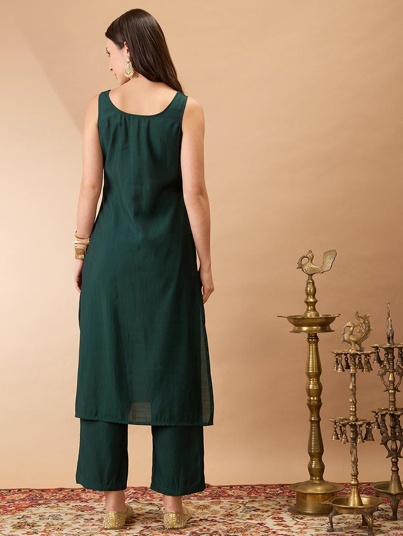 women green sleeveless round neck gotta lace hem straight kurta with pant festive set - 21980132 - Standard Image - 2