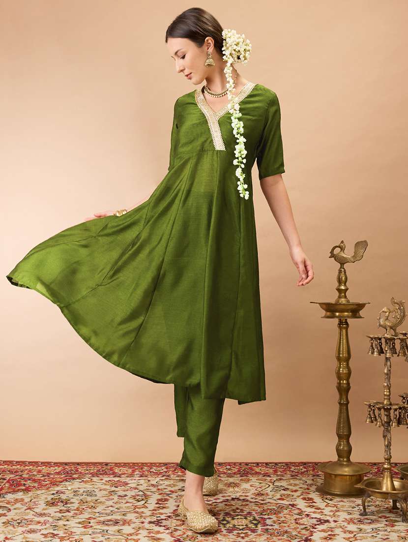 women olive green v-neck lace detailing anarkali kurta with straight pant festive set