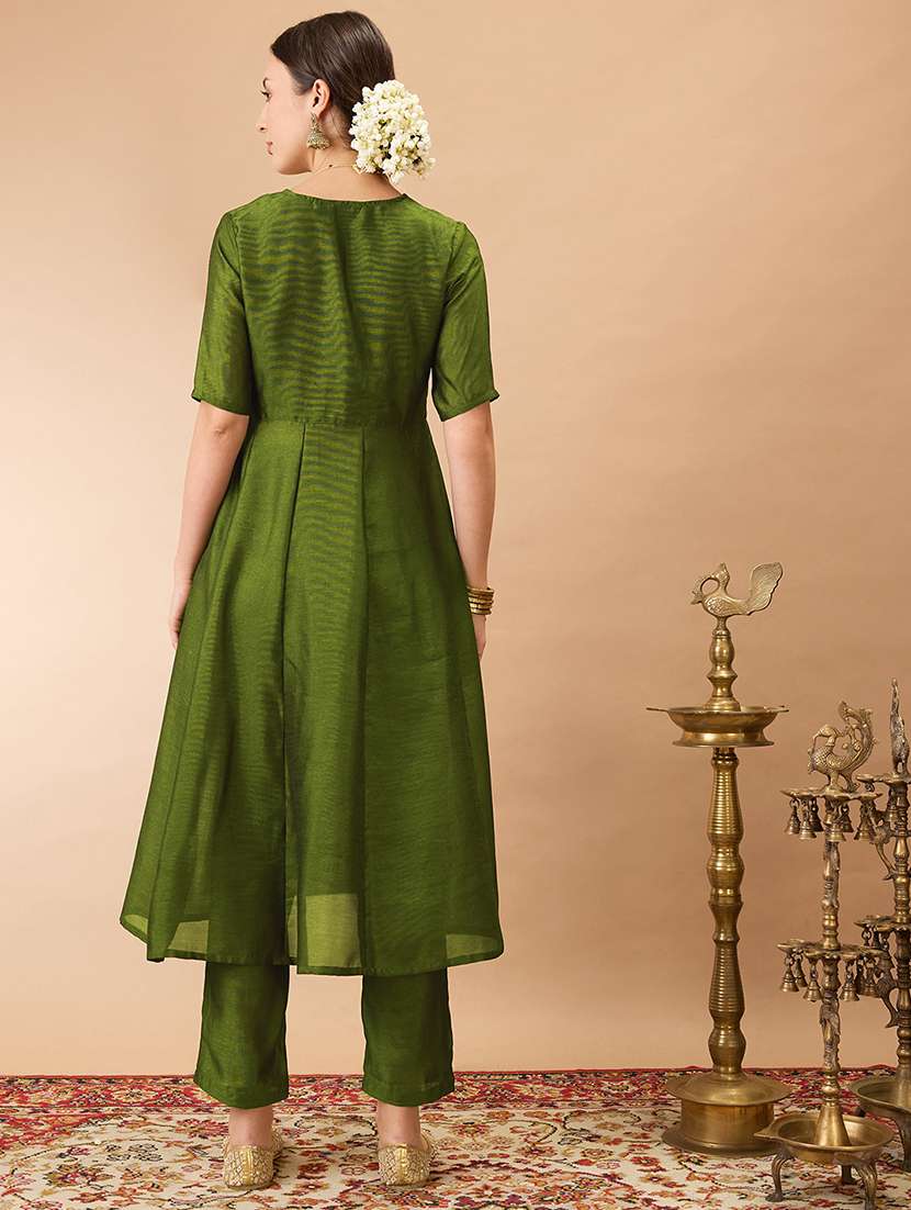 women olive green v-neck lace detailing anarkali kurta with straight pant festive set - 21980134 -  Standard Image - 2