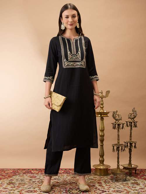 women black round neck zari embroidered yoke straight kurta with pant festive set - 21980135 -  Standard Image - 0
