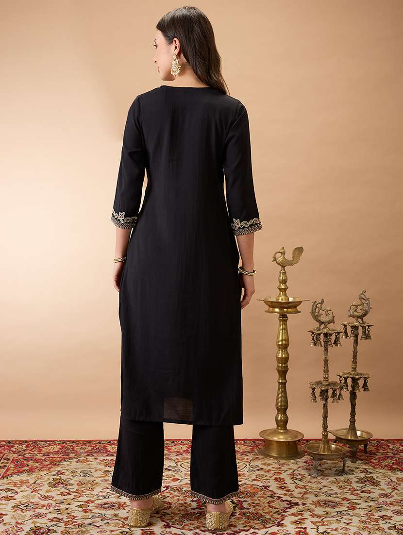 women black round neck zari embroidered yoke straight kurta with pant festive set - 21980135 -  Standard Image - 2