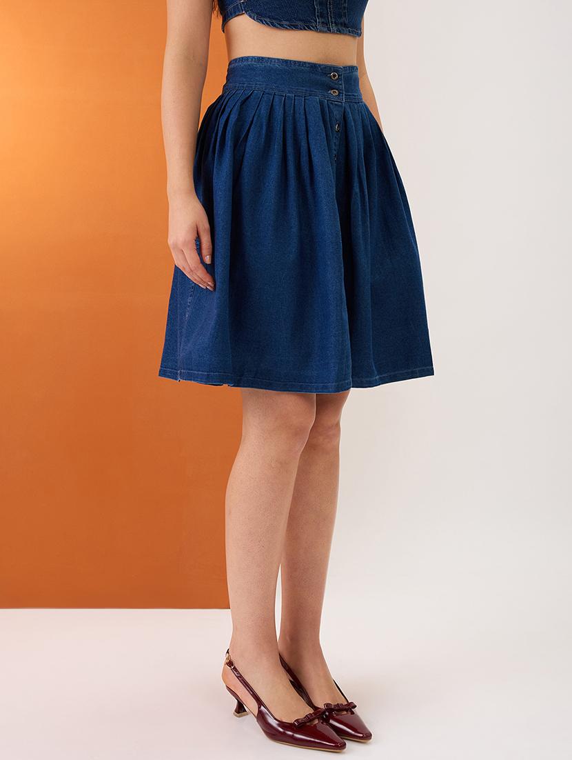 women med blue high-rise pleated button-down above knee flared denim skirt - 21980137 - Standard Image - 2