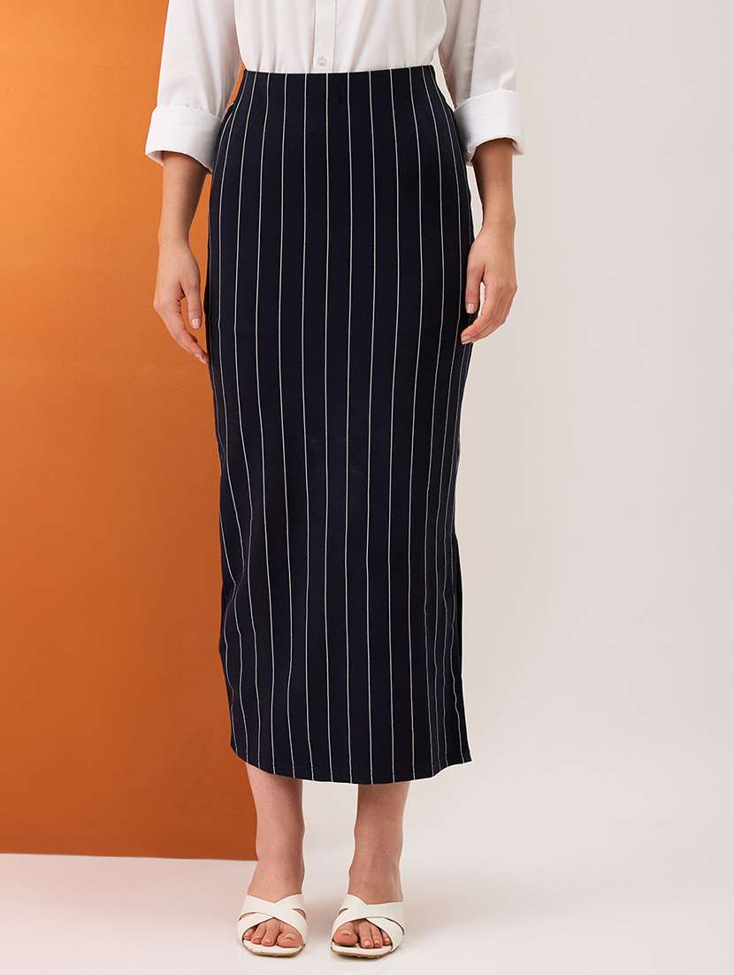 women navy striped mid-rise stretchable side slit midi pencil skirt