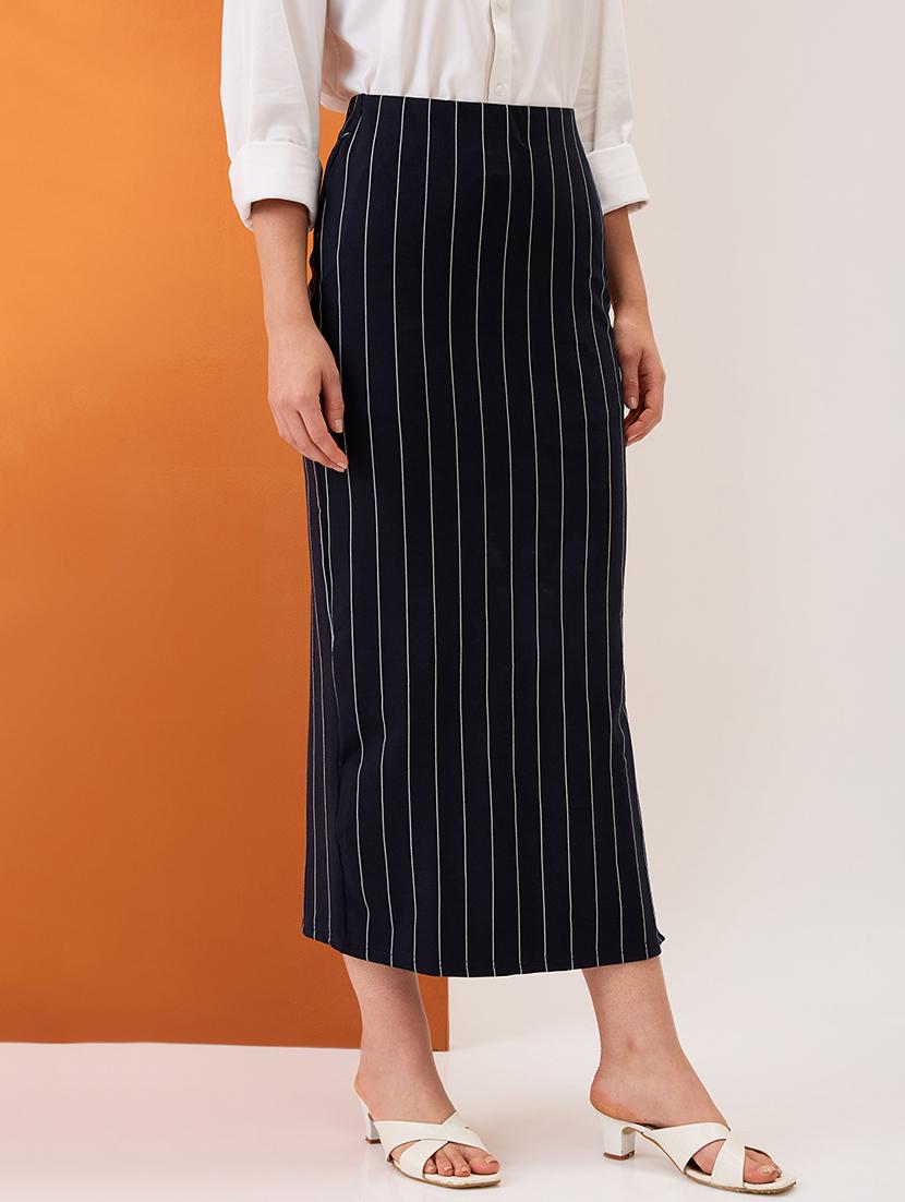 women navy striped mid-rise stretchable side slit midi pencil skirt - 21980139 - Standard Image - 2