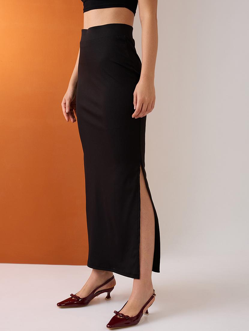 women black high-rise stretchable side slit maxi pencil skirt - 21980140 - Standard Image - 2