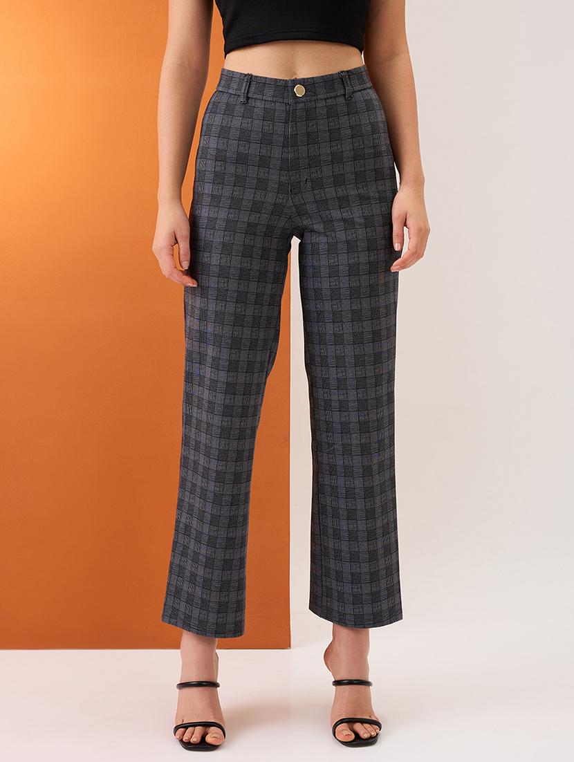 women grey checkered self design mid-rise straight fit formal trousers - 21980147 - Zoom Image - 0