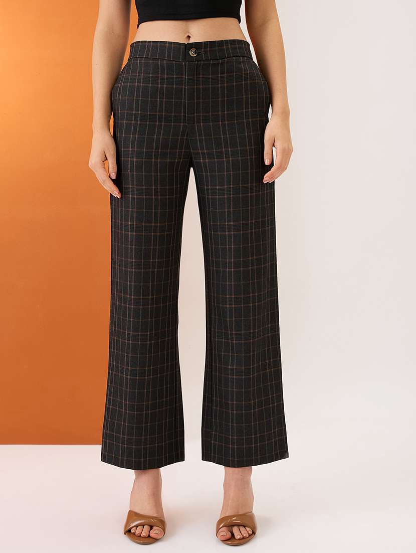 women plaid checks mid-rise elasticated back straight fit formal trousers